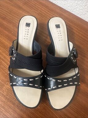 Carole Little Black Slip-On Sandals with Contrast Stitching